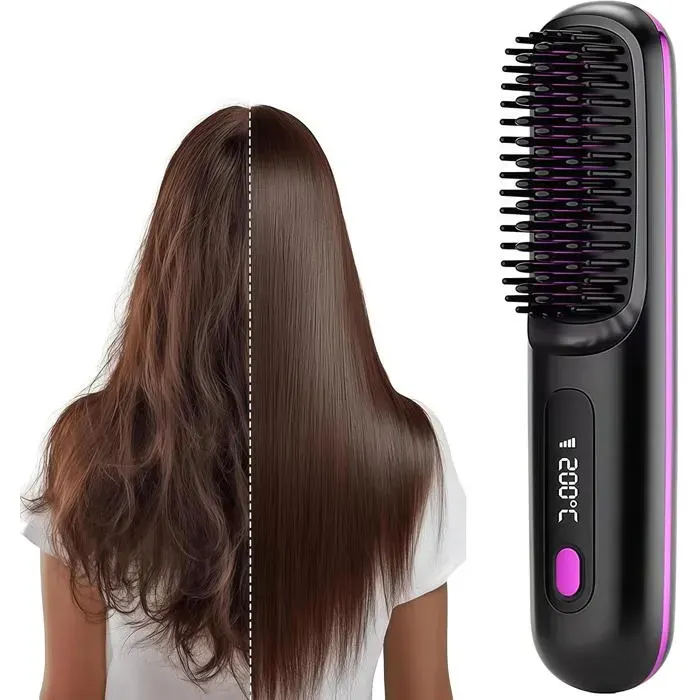 Brosse Lissante Sans Fil Pro Cheveux Courts 3 Températures USB-C Ionique Céramique Noire Mise à Niveau 2026