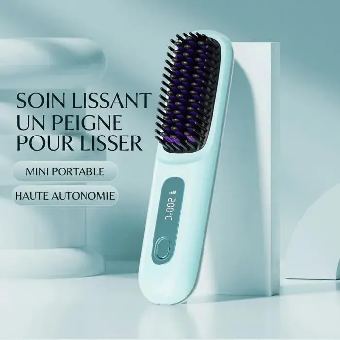 Brosse lissante sans fil rechargeable USB-C chauffe 20s 3 températures 160-200°C 199Md ions négatifs anti-brûlure
