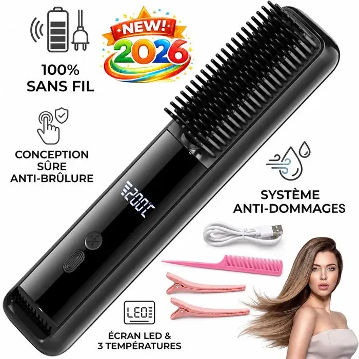 Brosse Lissante Sans Fil Rechargeable USB LisseurCheveux Portable Anti-brulure 3 TemperaturesLED Noir Ideal Voyage et Maison