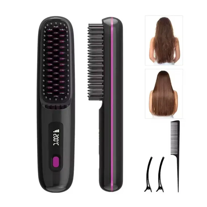 Brosse Lissante Sans Fil Rechargeable USB - Peigne Lisseur de Voyage Ionique 3 Températures - Noir