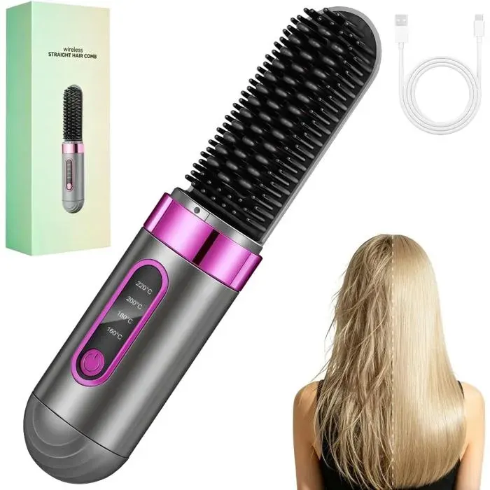 Brosse Lissante Sans Fil RechargeableBrosse Chauffante Coiffante PortableLisseur Boucleur Cheveux avec 4 Réglages de Température