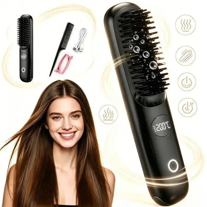Brosse Lissante Sans Fil - Rotection Anti-Brûlures - Lisseur Portable Rechargeable - 3 Réglages LED Pour Maison et Voyages Noir