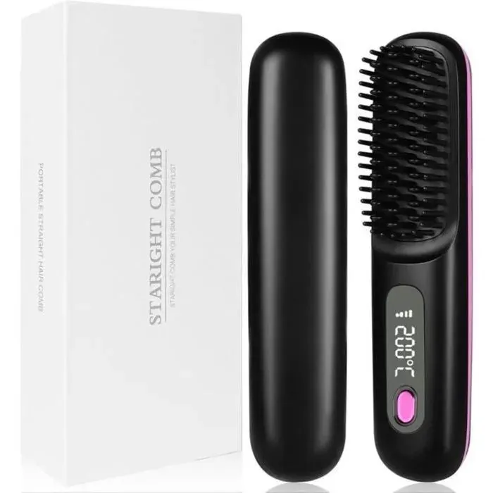Brosse lissante sans fil - Technologie céramique T GLOSS Ions négatifs anti frisottis - Coiffure portable - 3 températures LCD