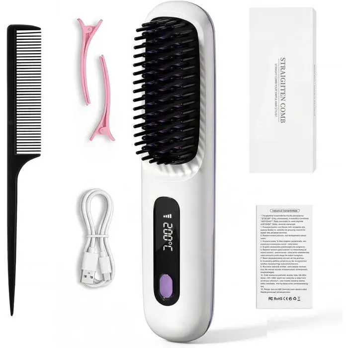 Brosse Lissante Sans Fil USB Rechargeable Mini Lisseur Portable 3 Températures pour Coiffage à Domicile et Voyage Blanc