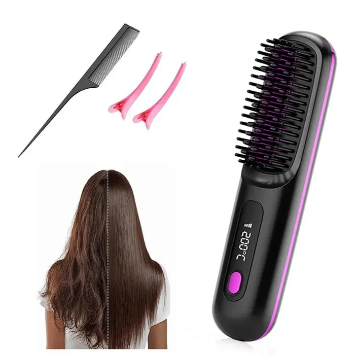 Brosse Lissante Sans FilChauffage rapideRechargeable PortableÉcran LCDavec Ioniquepour Coiffage Cheveux Voyage et Dailynoir