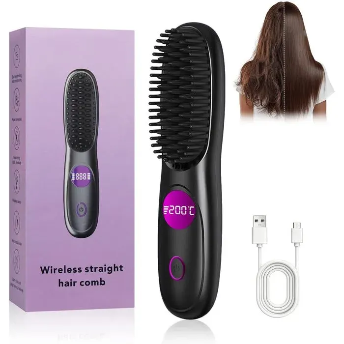Brosse Lissante Sans FilMini Brosse lissante à cheveuxAffichage LED avec trois niveaux de température(Noir)