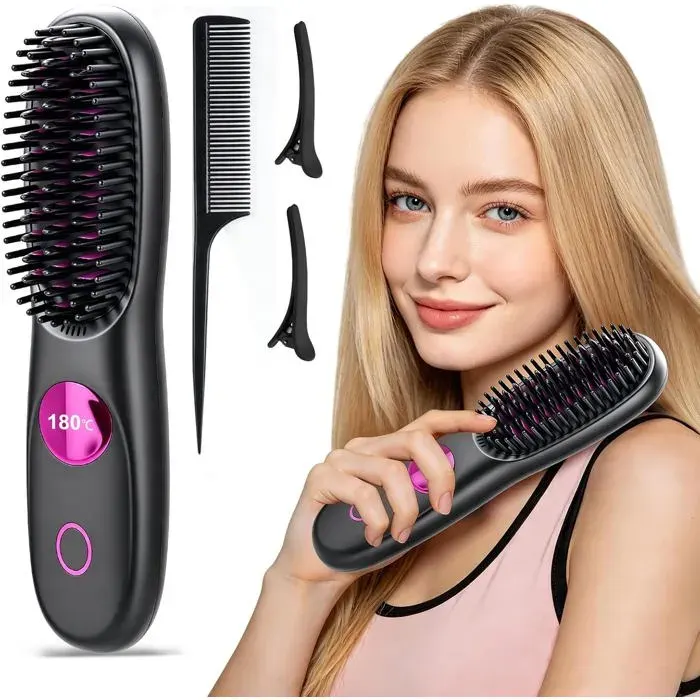 Brosse Lissante Sans FilMini Brosse Lissante Portable en Céramique avec 3 Températures Réglables(160°C-200°C)