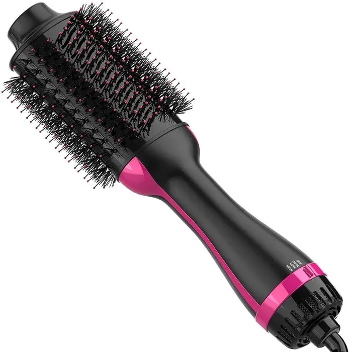 Brosse Sèche-Cheveux 4-en-1 - Sèche Lisse Volume Anti-Frisottis Ion Négatif Salon et Maison Noir/Rose