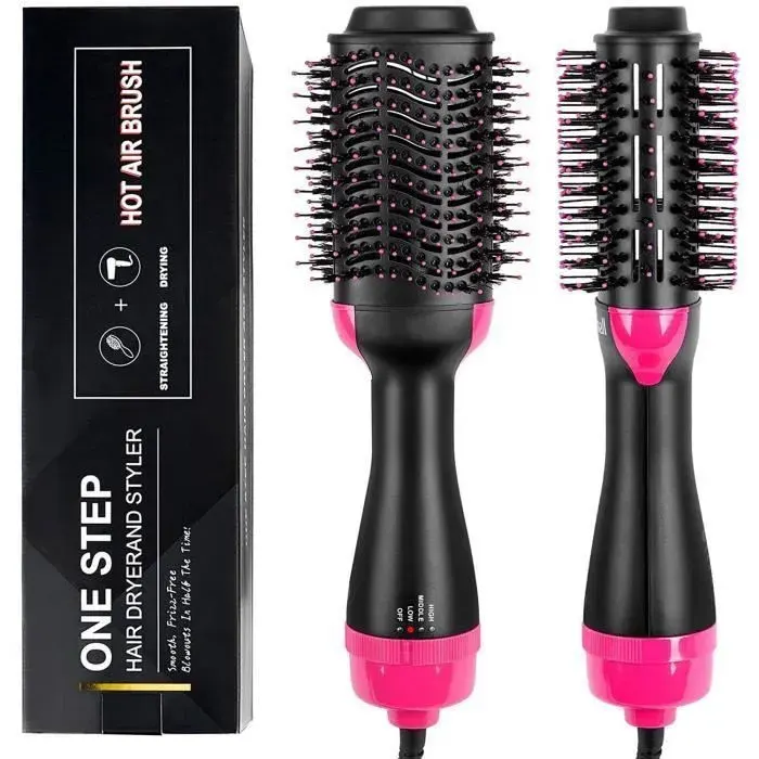 Brosse soufflante 2 en 1 – Brosse coiffante ionique – 3 réglages de vitesse – Cordon rotatif à 360° – Rouge rosé