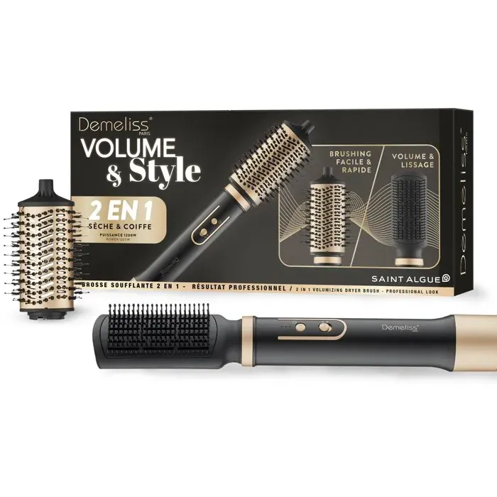 Brosse soufflante 2-en-1 - SAINT ALGUE - Demeliss Volume & Style - 1000 W - 3 températures - Noir / Or