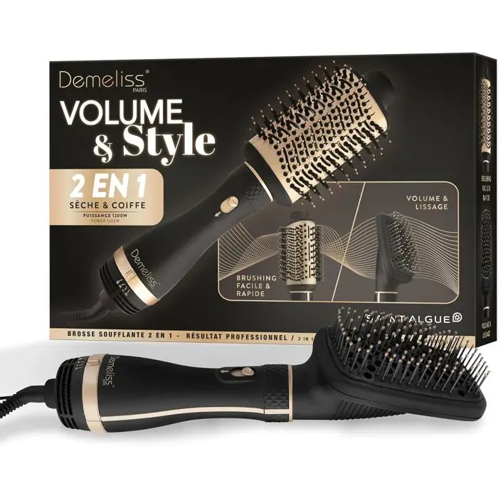 Brosse Soufflante 2 en 1 VOLUME & STYLESèche & CoiffeTous Types de Cheveux2 Têtes InterchangeablesRevêtement Céramique