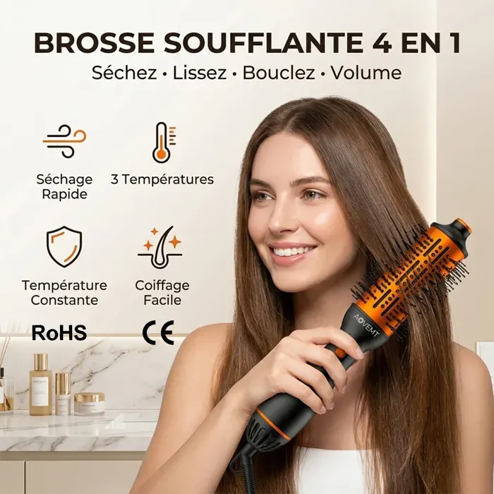 Brosse Soufflante 4 en 1 1000W - Séchage Lissage Boucles - 3 Températures Chaud/Froid - Anti-Brûlure - AOVEMT