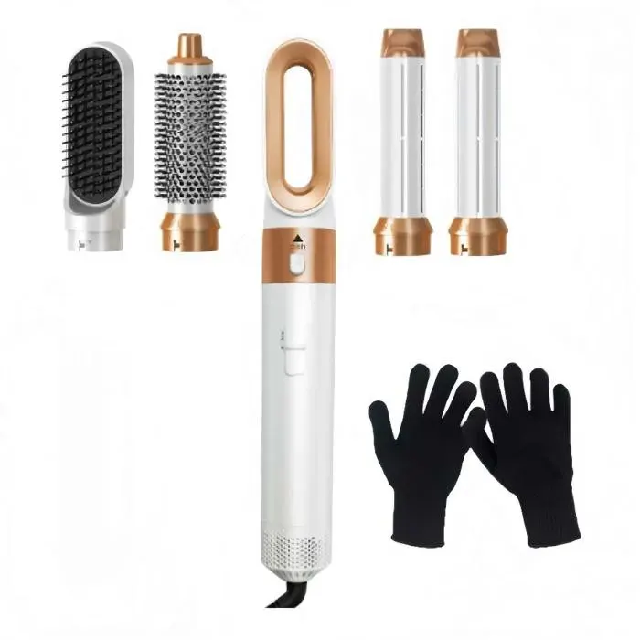 Brosse soufflante 5 en 1 blanc or avec gant ions négatifs 3 températures air chaud boucleur lisseur volume coiffure multifonction
