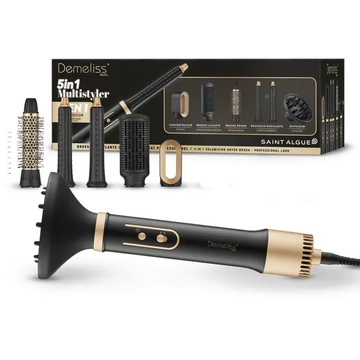 Brosse soufflante 5-en-1 - SAINT ALGUE - Demeliss - 1000 W - 3 températures - Noir / Or