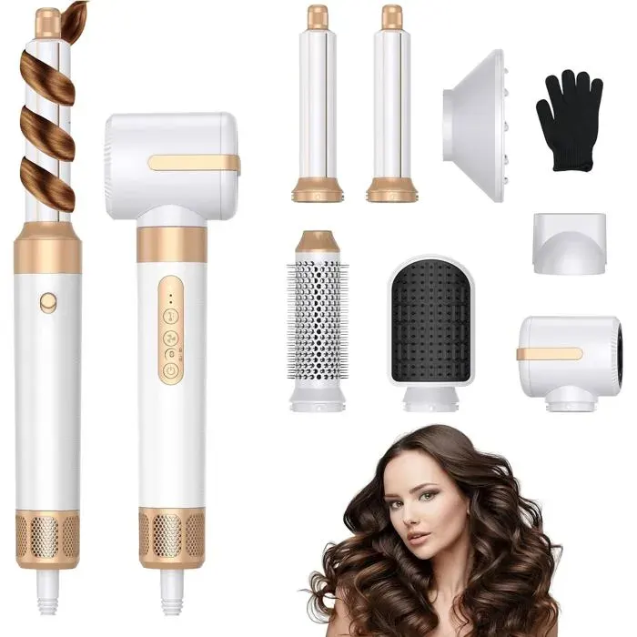 Brosse Soufflante 7 en 1Air Styler avec SoufflantesDiffuseurBuse de CoiffageSèche-Cheveux à Ions Négatifs Haute