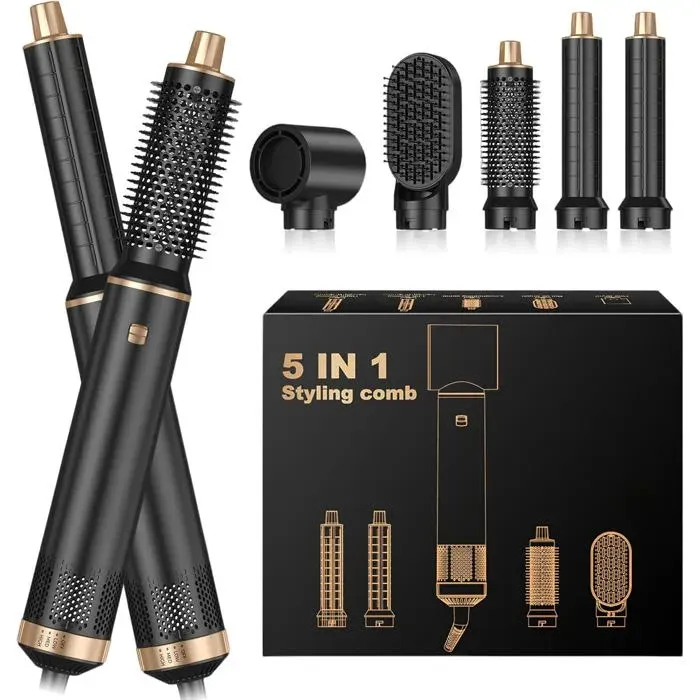 Brosse Soufflante Airbrush 5 en 1 Air Styler Seche Cheveux Mulit Air Brush SetOr Noir Hair Boucleur (SécherBouclerLissante)