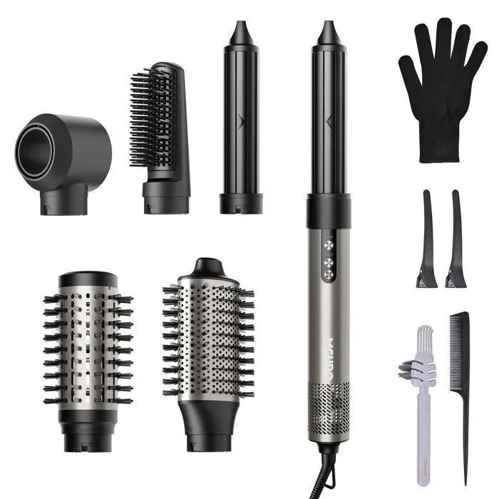 Brosse soufflante haute vitesse - MCURO - 6 en 1 1500W - 3 Vitesses & 3 Températures - Thermostat intelligent - Soin Cheveux - Gris