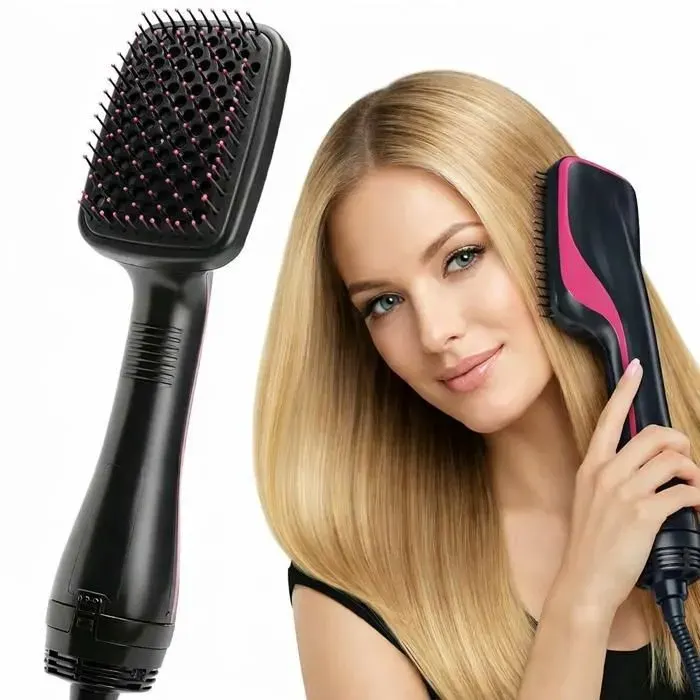 Brosse Soufflante Lissante 2-en-1 Ionique - Sèche-Cheveux Air Chaud Anti-Frisottis Séchage Rapide Léger - Rose Rose