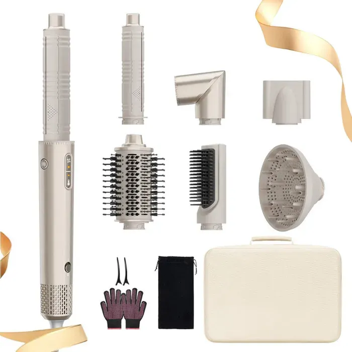 Brosse Soufflante Multifonction à haute vitesse 7 en 1 1400W Ionique & NTC Lisseur & Boucleur Auto 12 Modes Or Champagne