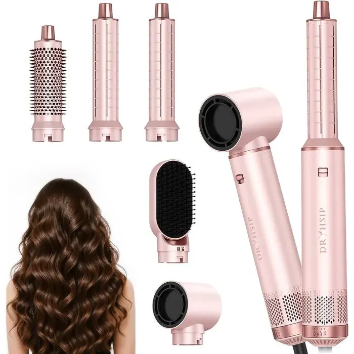 Brosse soufflante multifonction - VETOBIOL - 5 en 1 - Têtes amovibles - Sèche-cheveux intégré - Bigoudis à air rotatifs