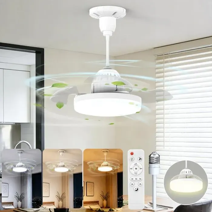 Caché Ventilateur de Plafond Silencieux 40cm avec Lumière et Télécommande30W E27 2000lm Lampe Ventilateur sur Douille3CCT