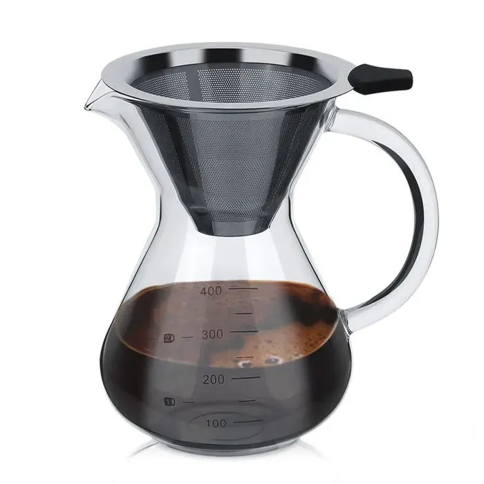 Cafetière à verser - BEIJIYI - 400 ml - Verre borosilicaté - Filtre en acier inoxydable - Argent