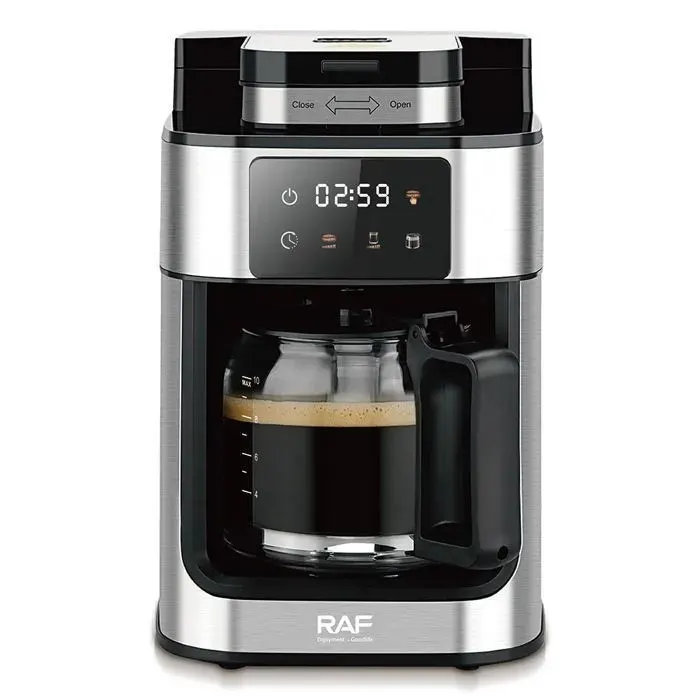 Cafetière Automatique Moulue-Grains 2-en-1Programmable 24H-1.0L-1050W-RAF.196-MoutureCafé AméricainMaintien au Chaud