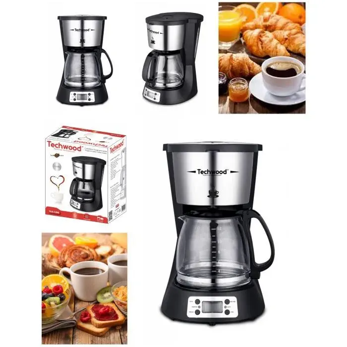Cafetière électrique - ALU - 1000W - 1.5L - 12 Tasses - Minuterie LCD - Noir/Argent