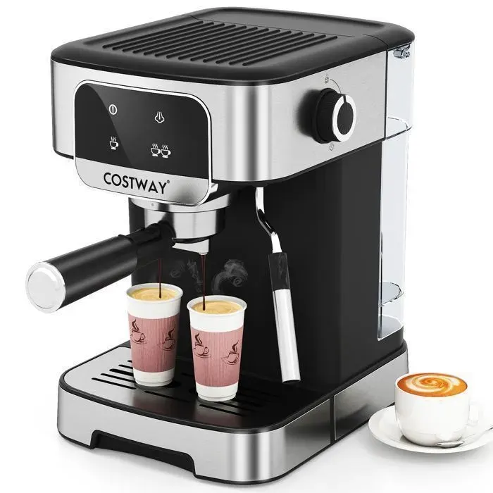 Cafetière Expresso 20 Bars 1200W COSTWAY-18L-Écran Tactile-Buse Vapeur-Café Moulu-Chauffe-tasses-Cafetière en Acier Inoxydable