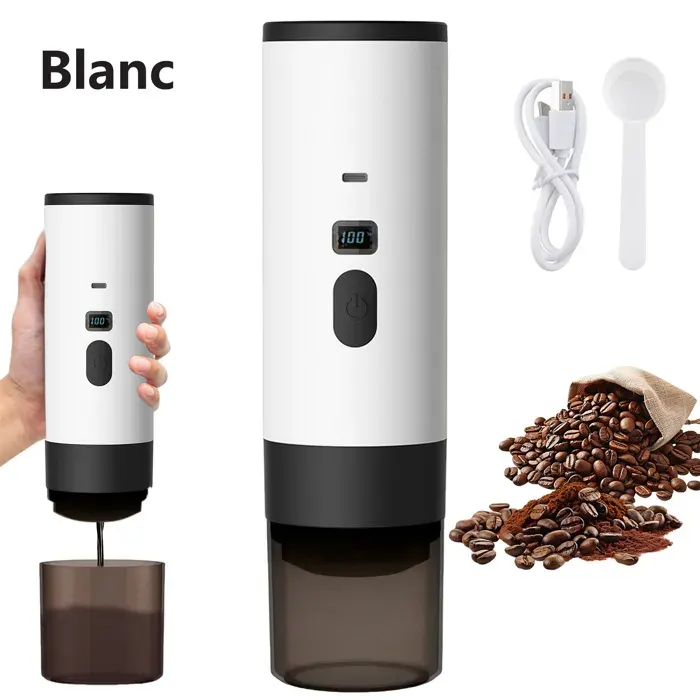 Cafetière Expresso Portable 3-en-1 15 Bar & 72W Petites/Grandes Capsules & Café Moulu Batterie 7800mAh USB-C Blanc
