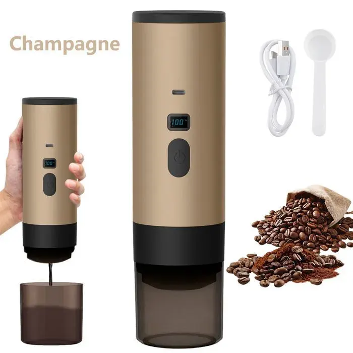 Cafetière Expresso Portable 3-en-1 15 Bar & 72W Petites/Grandes Capsules & Café Moulu Batterie 7800mAh USB-C Champagne