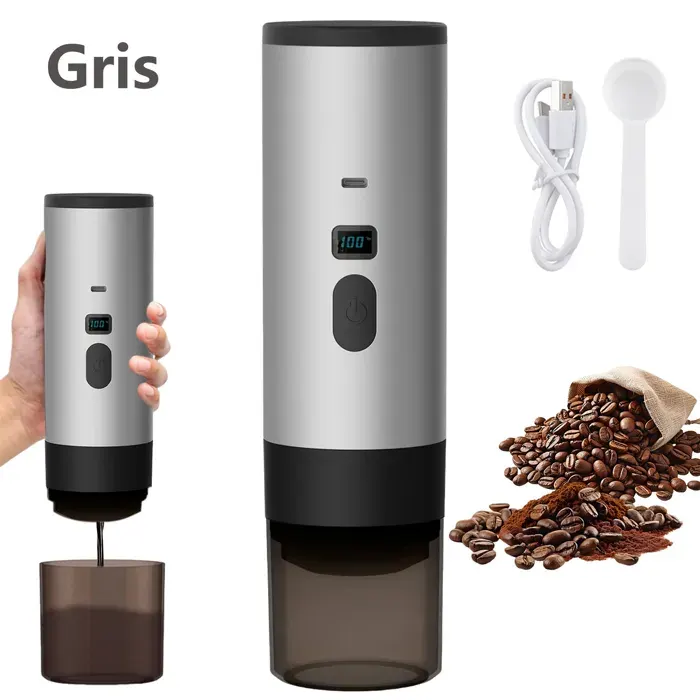 Cafetière Expresso Portable 3-en-1 15 Bar & 72W Petites/Grandes Capsules & Café Moulu Batterie 7800mAh USB-C Gris
