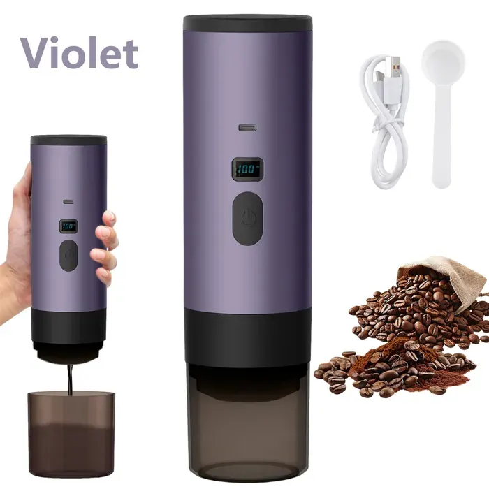 Cafetière Expresso Portable 3-en-1 15 Bar & 72W Petites/Grandes Capsules & Café Moulu Batterie 7800mAh USB-C Violet