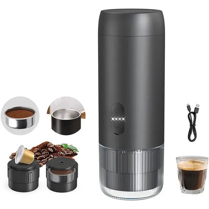 Cafetière Expresso Portable USB-C 2 En 1 Compatible Café Moulu Et Capsules Pour Camping Voyage Et Voiture — coloris Noire