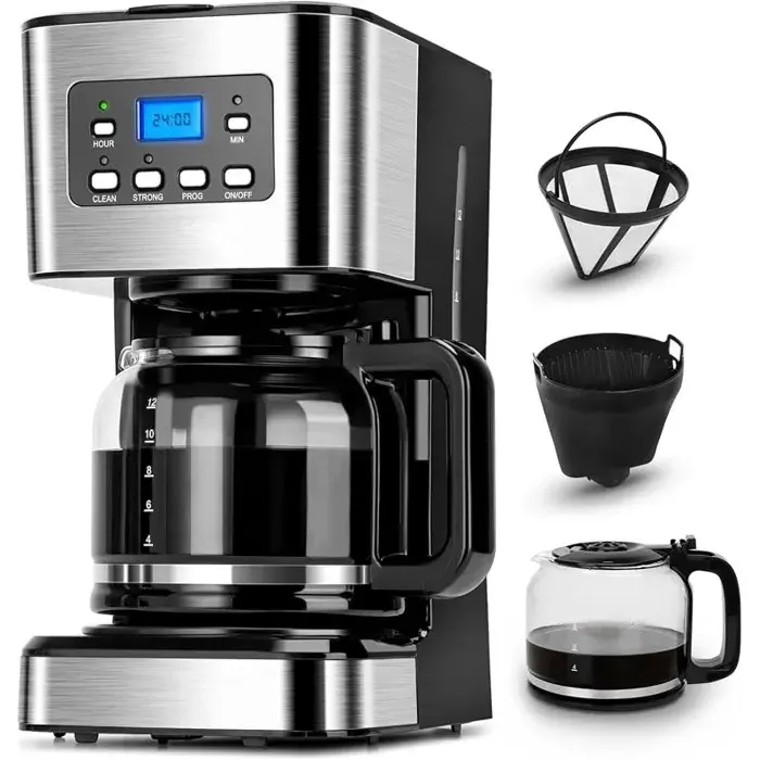 Cafetiere Filtre Programmable 24h 1.5L 10 à 12 Tasses Noir Maintien au Chaud 40min Anti-goutte Infusion Rapide 950W Sans BPA