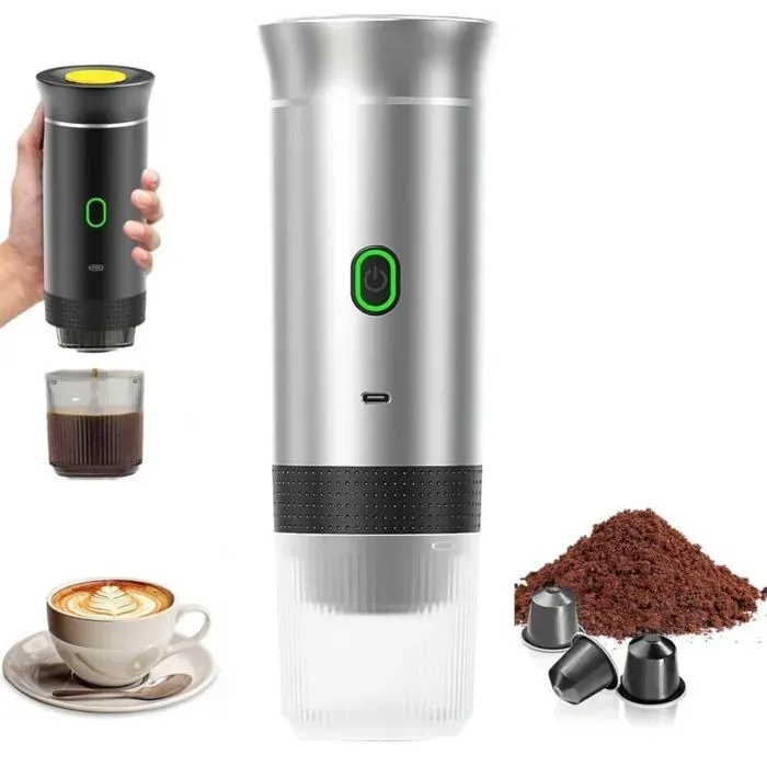 Cafetière portable 12V argent – expresso 3-en-1 capsules moulu camping voiture Label