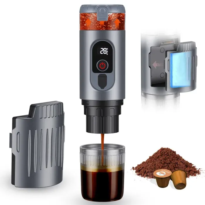 Cafetière portable 2 en 1 avec batterie de 7650 mAh extraction à chaud/froid pour capsules Nespresso et café moulu