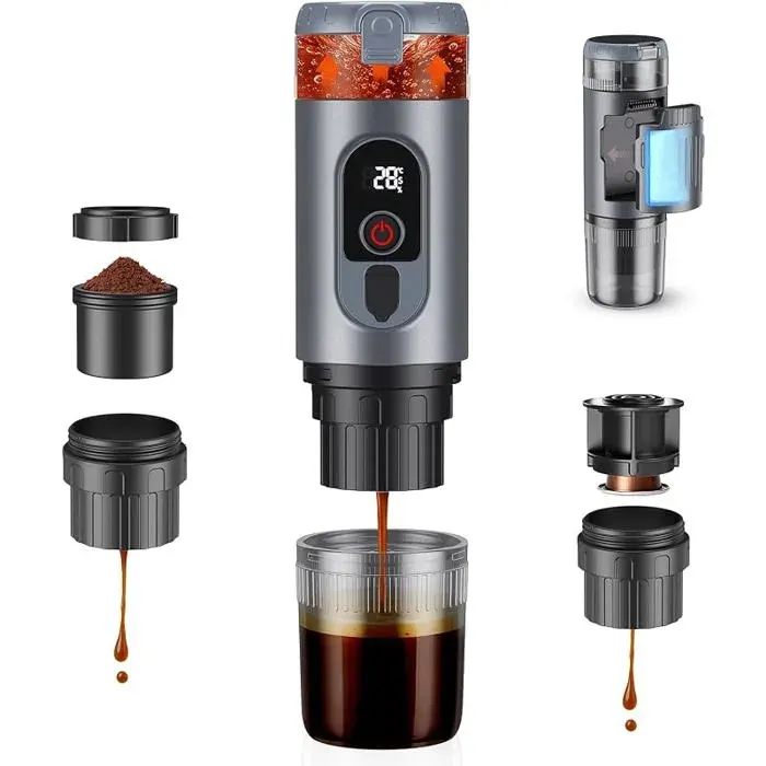 Cafetière Portable 2 en 1Machine à Café à Capsules Expresso Cafetière Rechargeable avec Batterie Amovible 7650 Gris