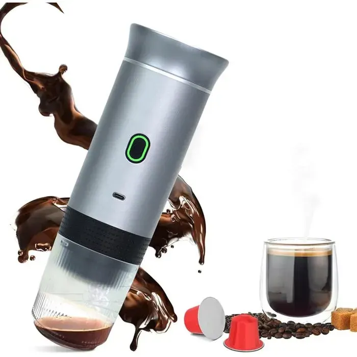 Cafetière Portable 3 en 1 Batterie 7500mAh Réservoir 120ml Plus de 50 Extractions Chauffage Rapide Étanche Argent