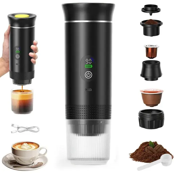 Cafetière Portable 3 en 1 Rechargeable 12V Machine à Expresso pour Capsules et Café Moulu Camping Voyage Bureau Voiture Noir