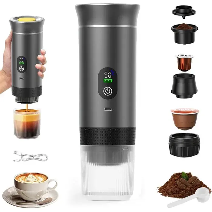 Cafetière Portable 3 en 1 Rechargeable 12V Machine à Expresso pour Capsules et Café Moulu Camping Voyage Bureau Voiture Gris