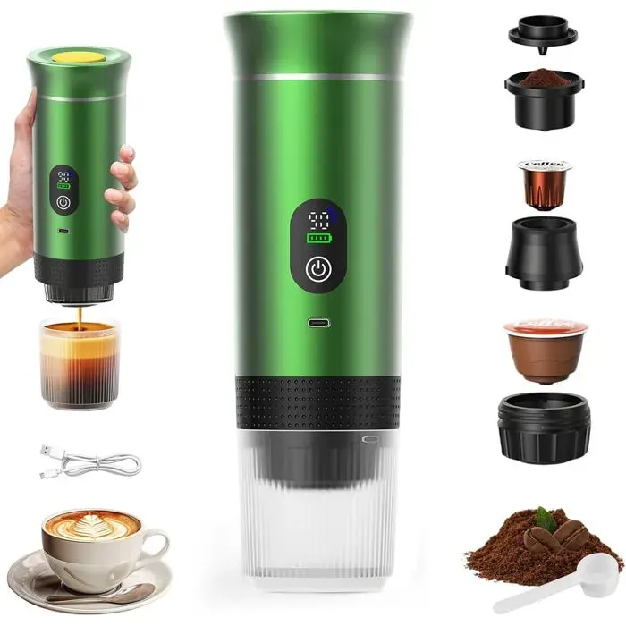 Cafetière Portable 3 en 1 Rechargeable 12V Machine à Expresso pour Capsules et Café Moulu Camping Voyage Bureau Voiture Vert