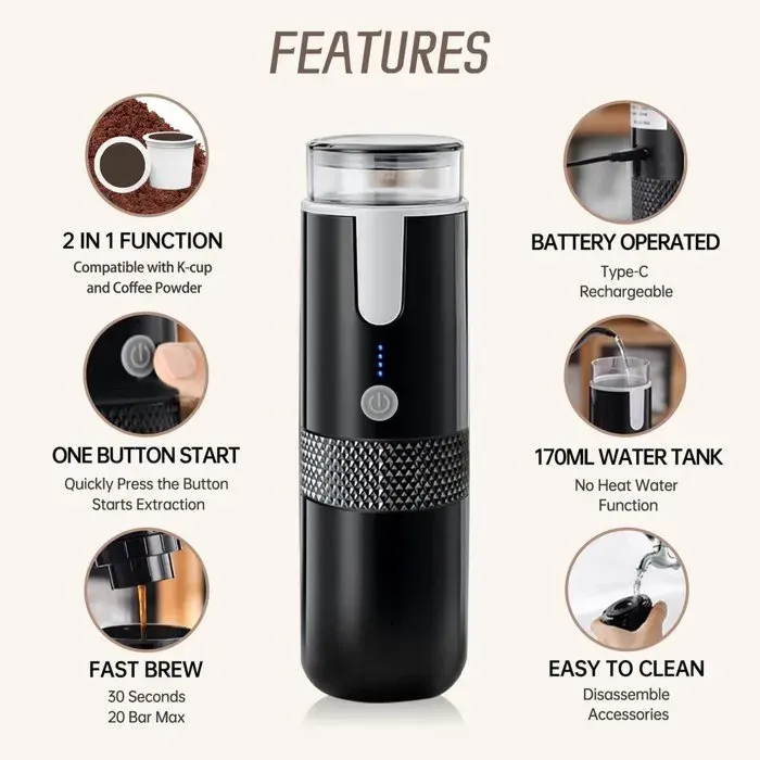 Cafetière portable 3 en 1 sans fil électrique auto-chauffante capsules expresso idéale pour la voiture la maison le bureau