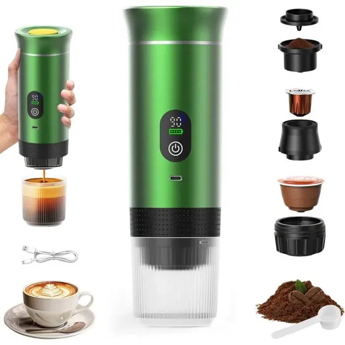 Cafetière Portable Multifonctionnelle Expresso 3 en 1 pour Capsule et Café Moulu 800g Compacte et Rechargeable USB-C Vert