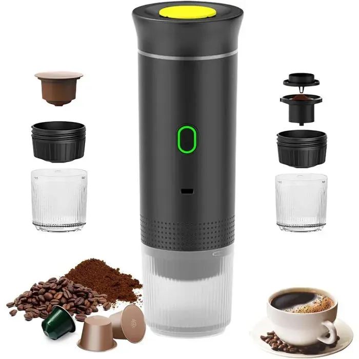 Cafetière Portable Nomade avec Chauffage Intelligent Machine à Café Rechargeable 12V USB Type-C pour Capsules et Café Moulu