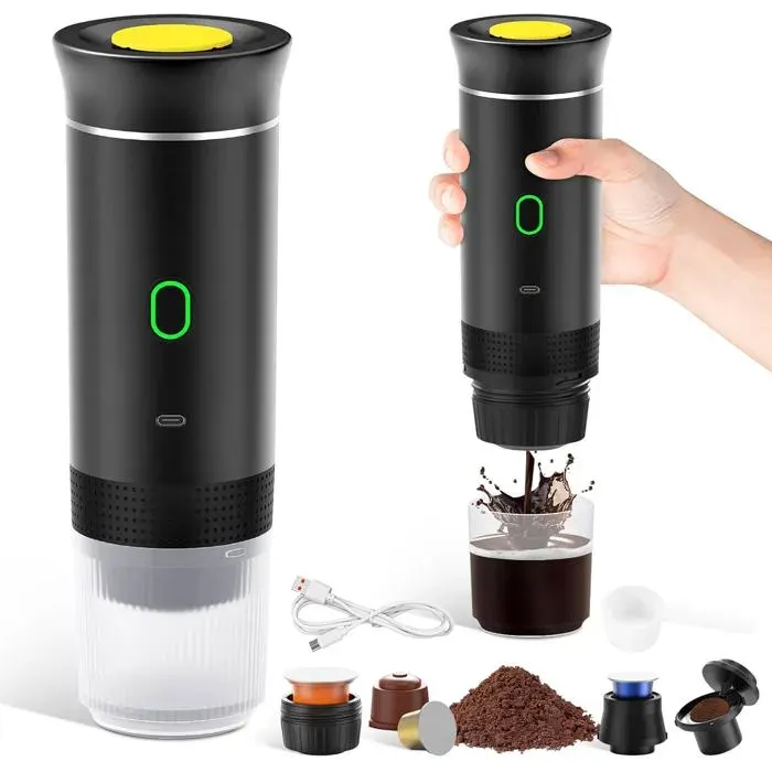 Cafetière portable rechargeable 12V pour capsules et café moulu noir Label