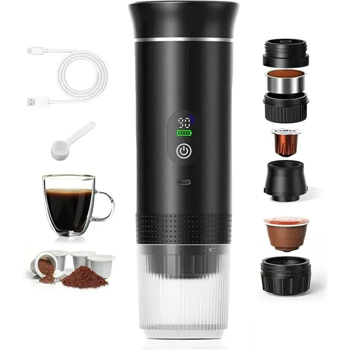 Cafetière Portative 3 en 1 Chauffage Rapide 80ml7500mAh USB C Écran de Température IntelligenteNoirSans Stand