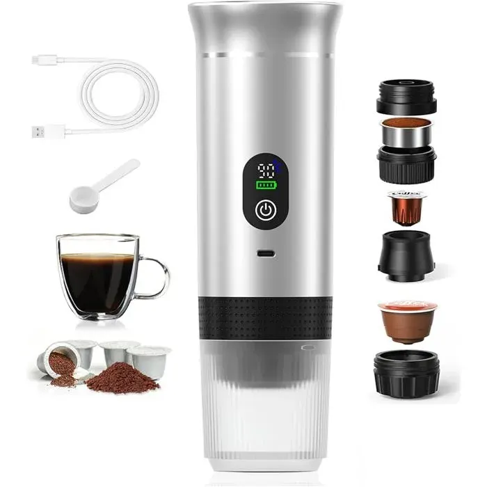 Cafetière Portative 3 en 1Écran de Température IntelligenteChauffage Rapide 80mlPression 20 BarsSilverSans Stand