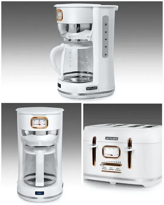 Cafetière - Vintage - 1000W - Grille-pain 4 tranches - Blanc et doré - Fonction décongélation