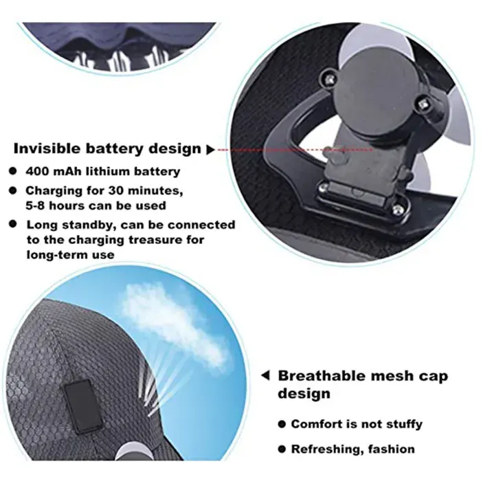 Casquette de baseball - Unisexe - Ventilateur USB - Réglable - Été - Camping